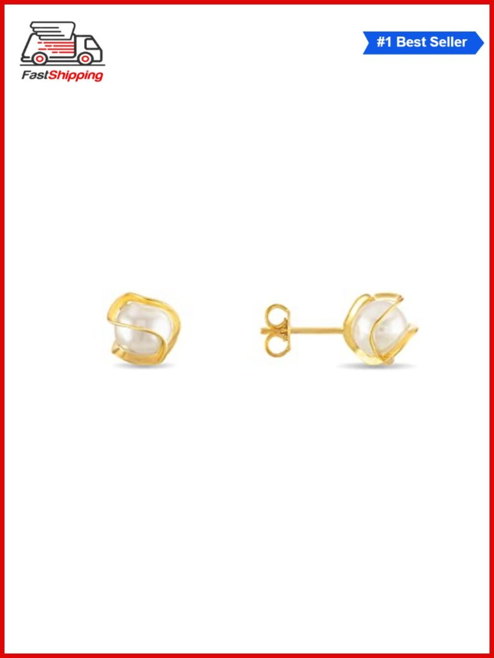✨ Barzel 18K Gold Plated Caged Pearl Stud Earrings 6MM Made In Brazil